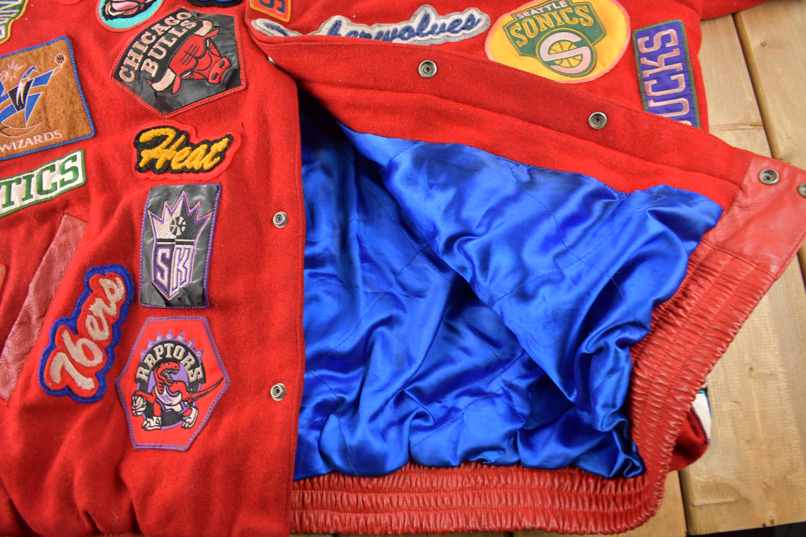 Vintage 1990s Jeff Hamilton NBA Basketball Team Logo Patchwork Wool Jacket