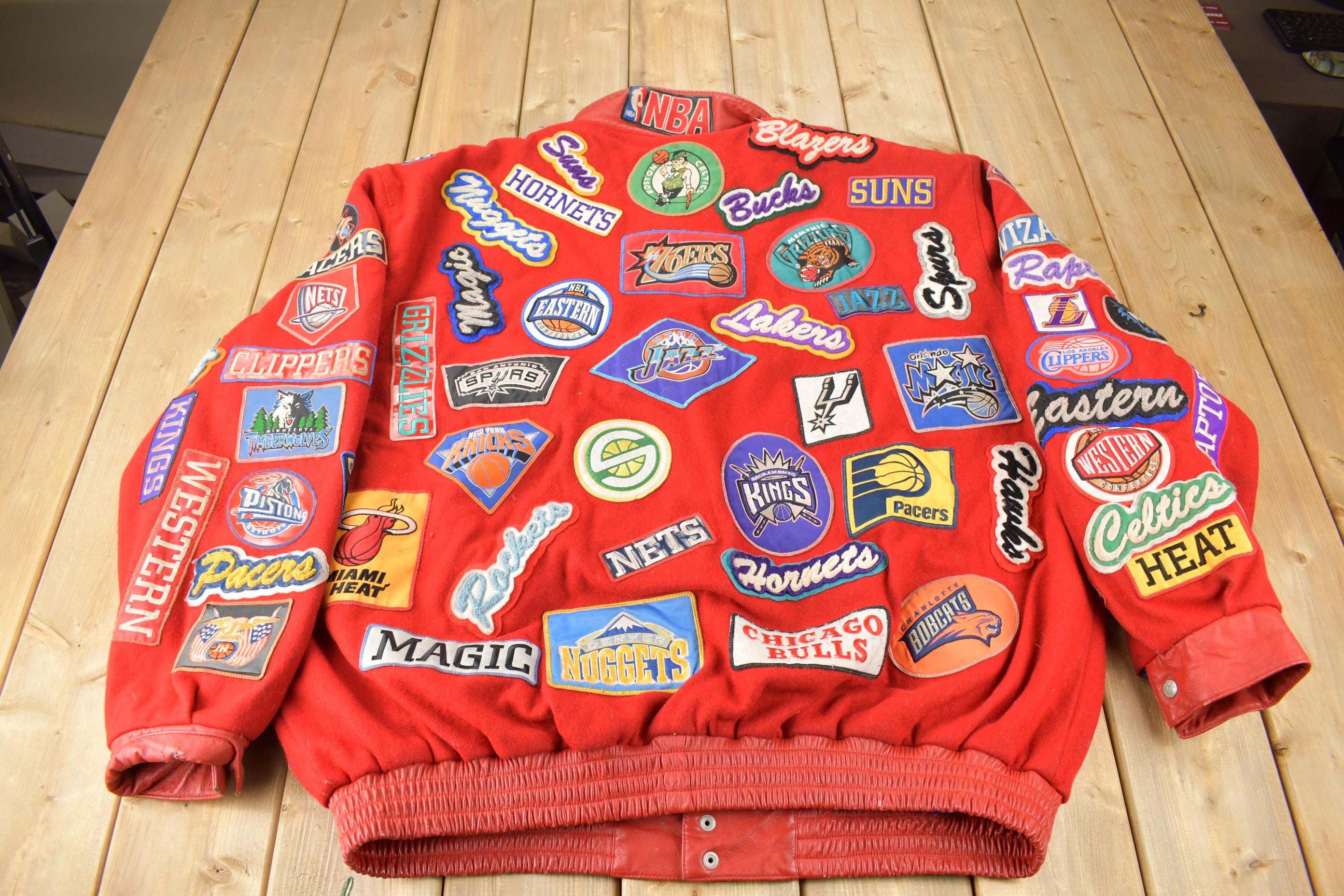 Vintage 1990s Jeff Hamilton NBA Basketball Team Logo Patchwork Wool Jacket