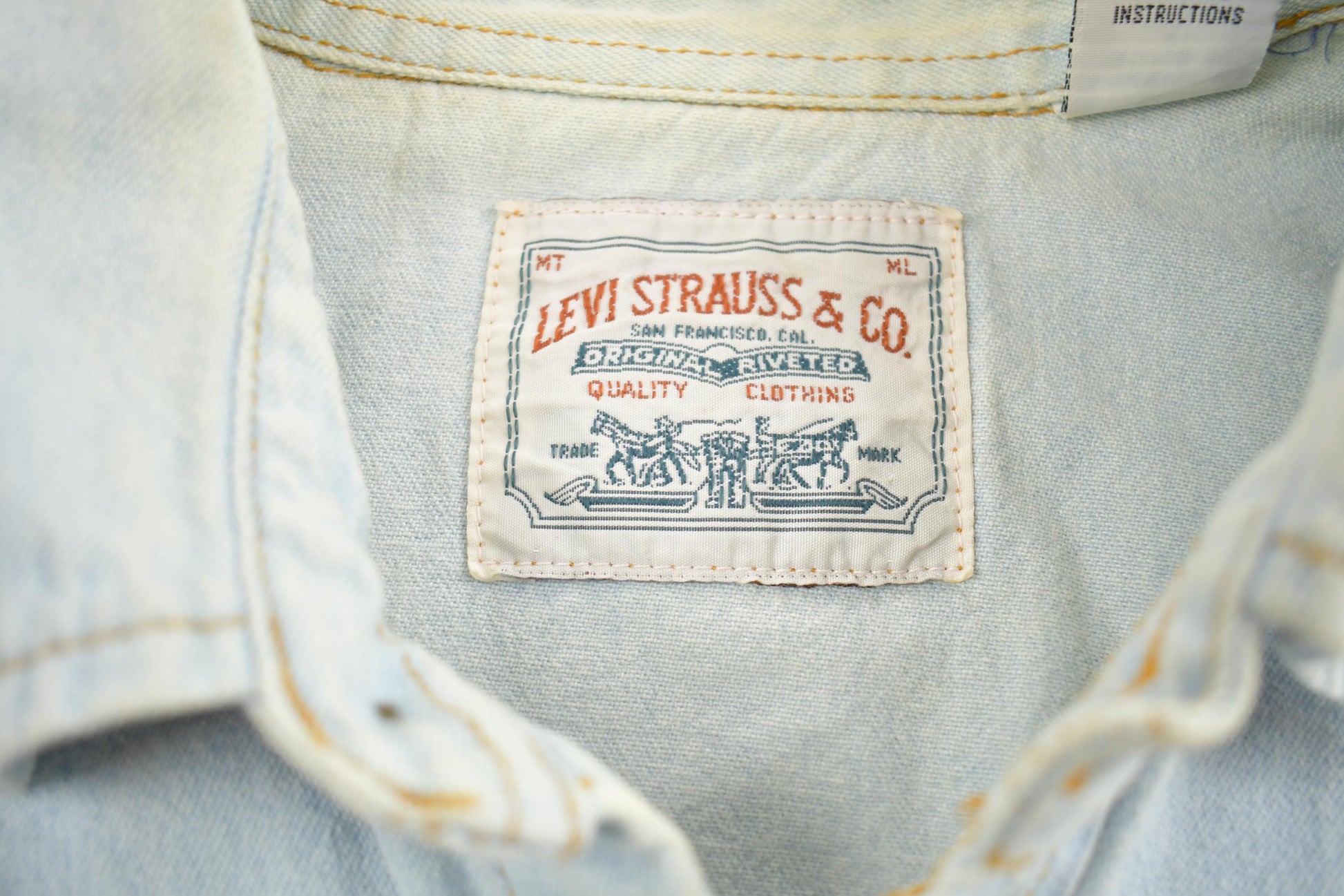 Vintage 1990s Levis Denim Orange Tab Blank Button Up Shirt Made In USA