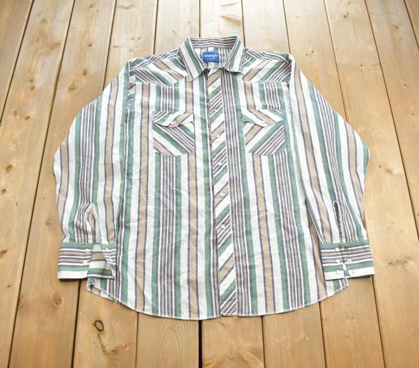 Vintage 1980s Wrangler Western Shirts Striped Pearl Blank Button Up Shirt Made In USA