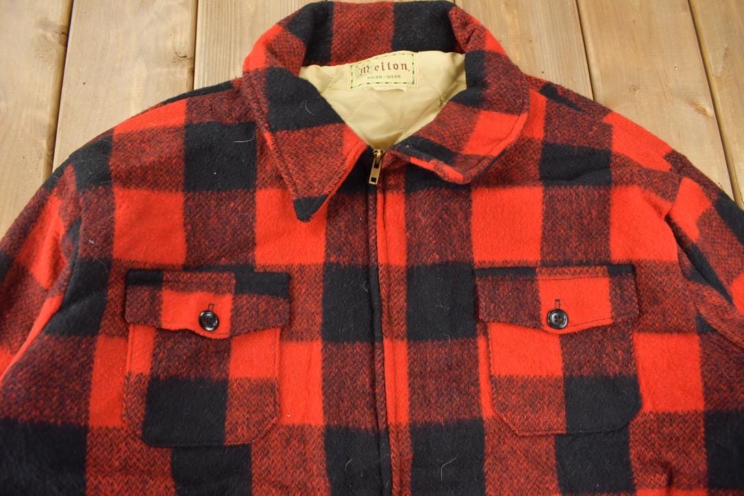 Vintage 1950s Melton Outer-Wear Buffalo Plaid Wool Hunting Jacket