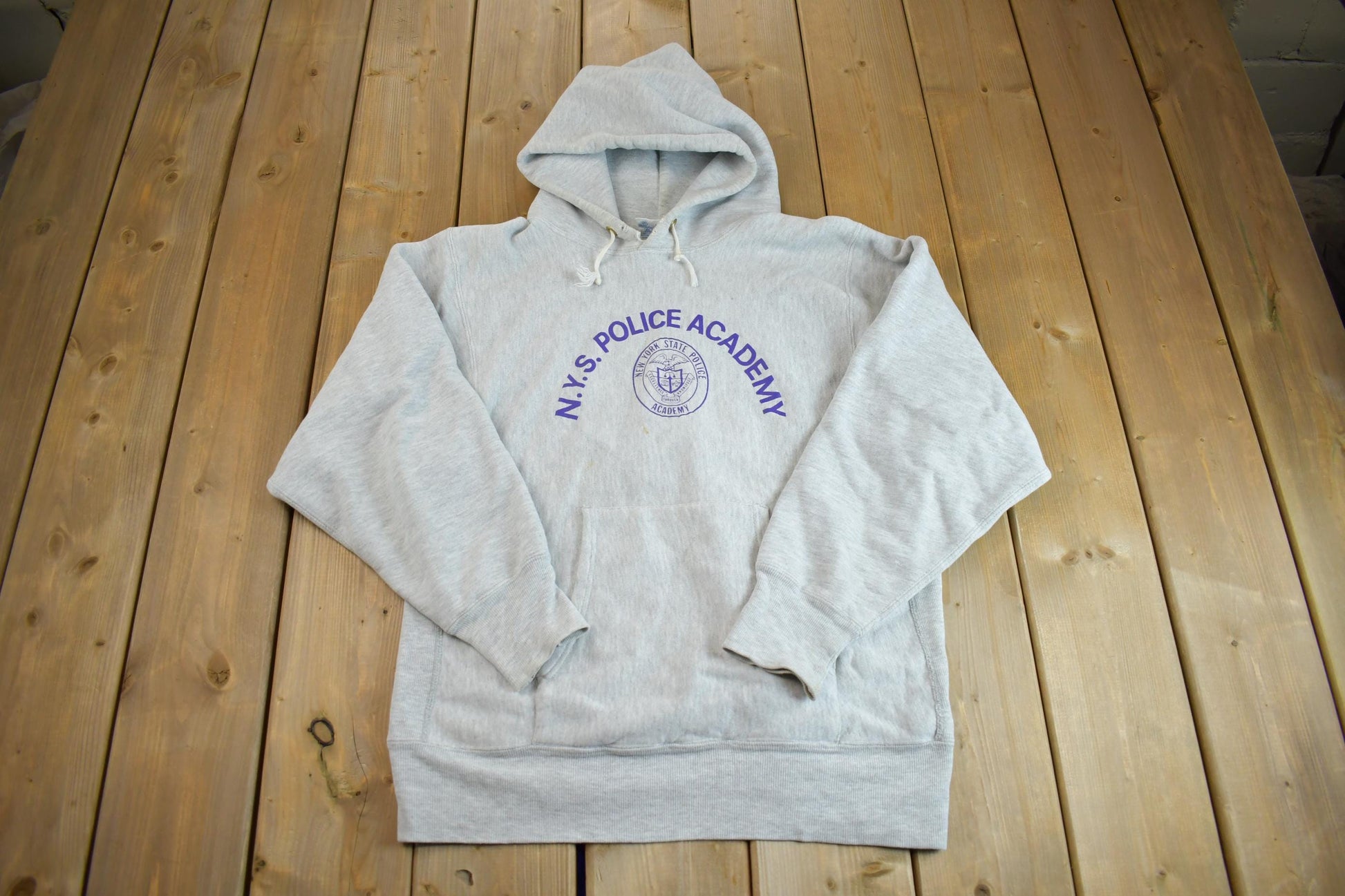Vintage 1990s NYS Police Academy Champion Reverse Weave Heavy Weight Hooded Sweatshirt Made In USA