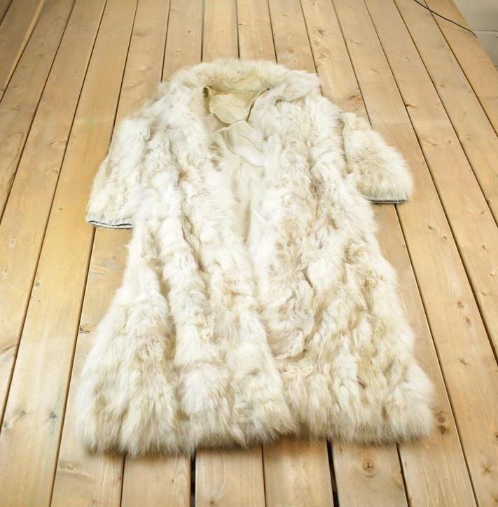 Vintage 1970s Beth Glaser Embroidered Full Length White Fox Fur Coat Made In USA