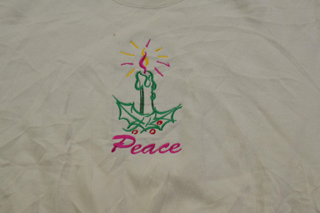 Vintage 1990s "Peace" Embroidered Holiday Style Crewneck Sweater Made In USA