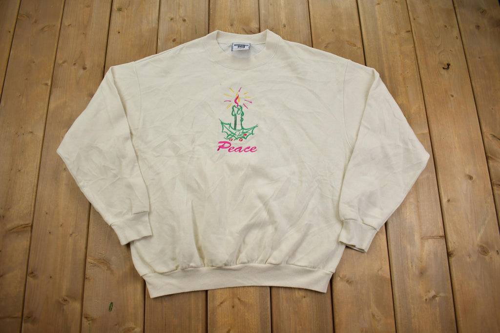 Vintage 1990s "Peace" Embroidered Holiday Style Crewneck Sweater Made In USA