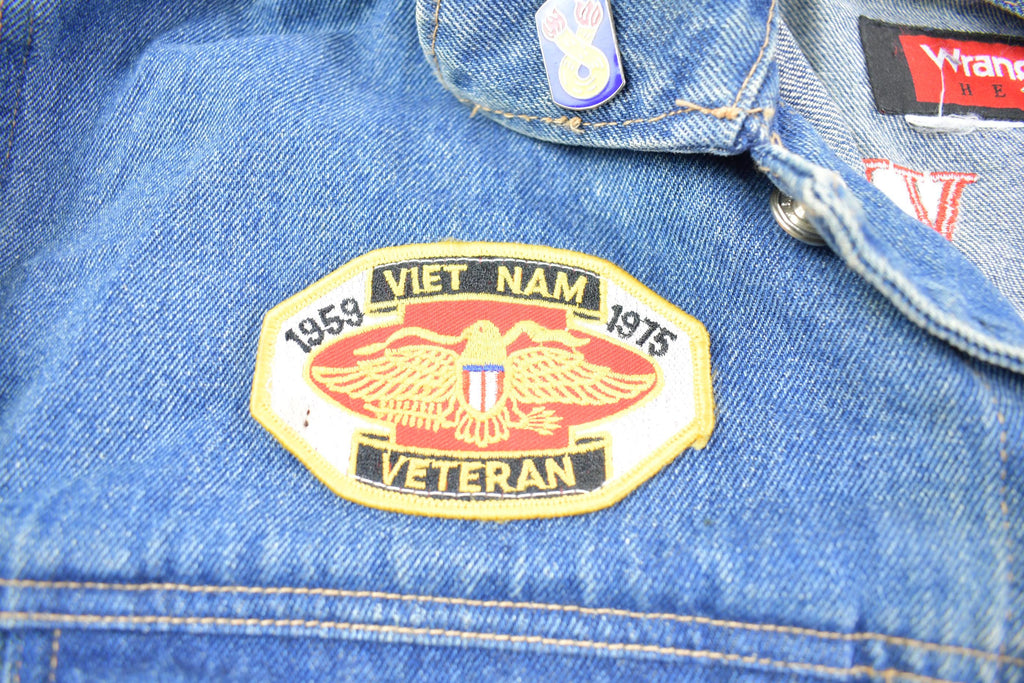 Vintage 1970s Wrangler Hero Vietnam Veteran Harley Davidson Embroidered Jean Jacket Made In USA