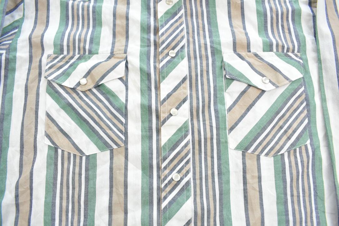 Vintage 1980s Wrangler Western Shirts Striped Pearl Blank Button Up Shirt Made In USA