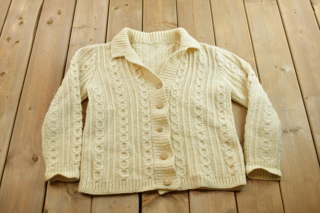 Vintage 1990s 100% Wool Cable Knit Cardigan Sweater
