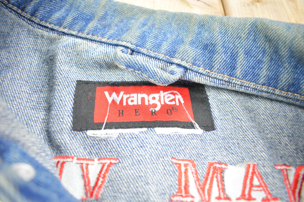 Vintage 1970s Wrangler Hero Vietnam Veteran Harley Davidson Embroidered Jean Jacket Made In USA