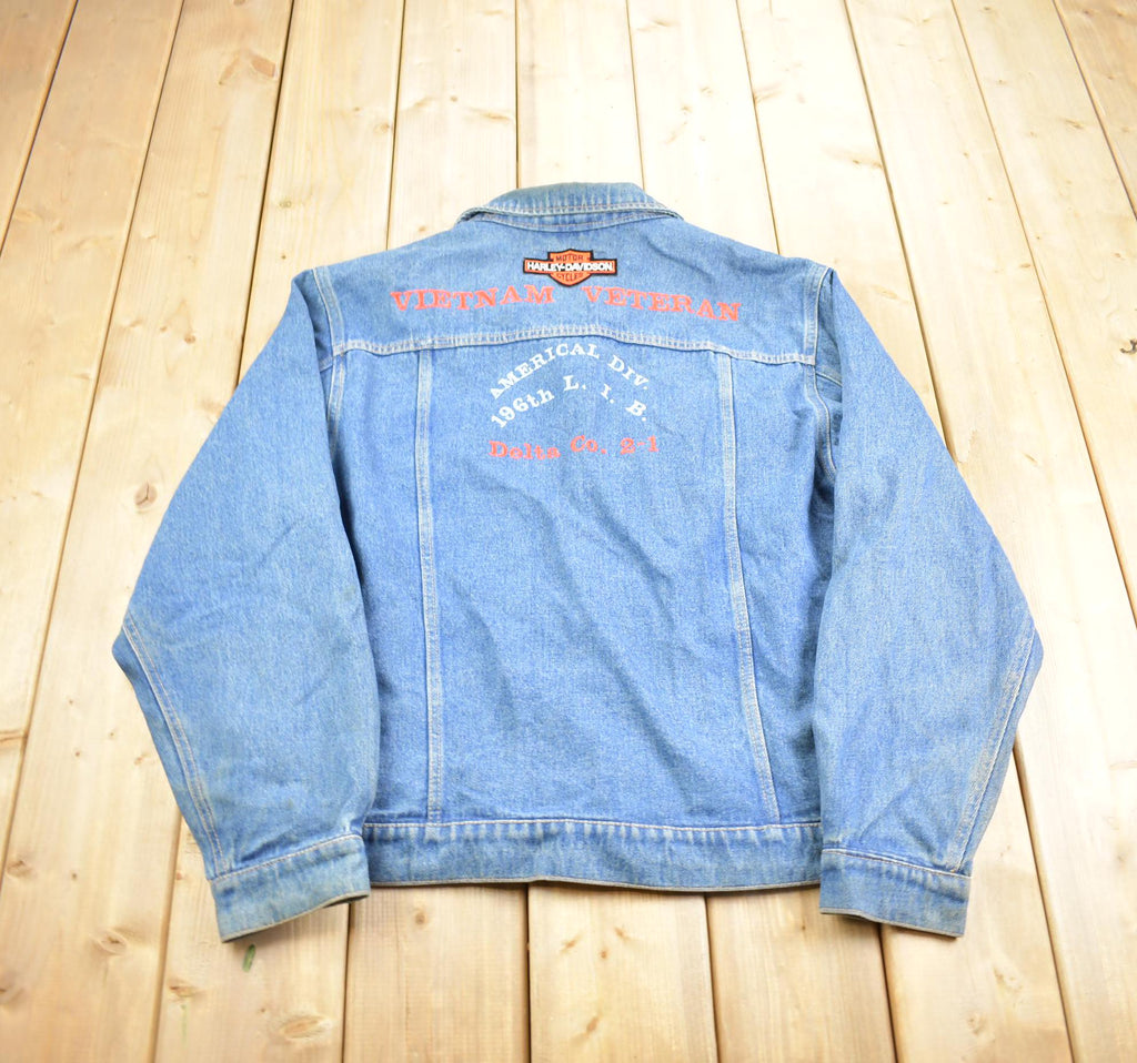 Vintage 1970s Wrangler Hero Vietnam Veteran Harley Davidson Embroidered Jean Jacket Made In USA