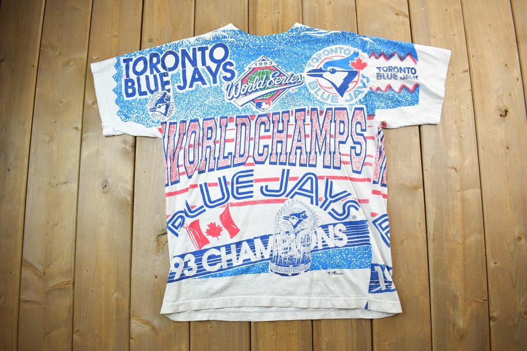 Vintage 1993 Toronto Blue Jays MLB Back To Back World Series Champions All Over Pint T-Shirt