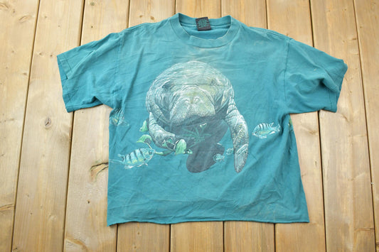 Vintage 1990s Swimming Manatee Habitat Theme Graphic T-Shirt