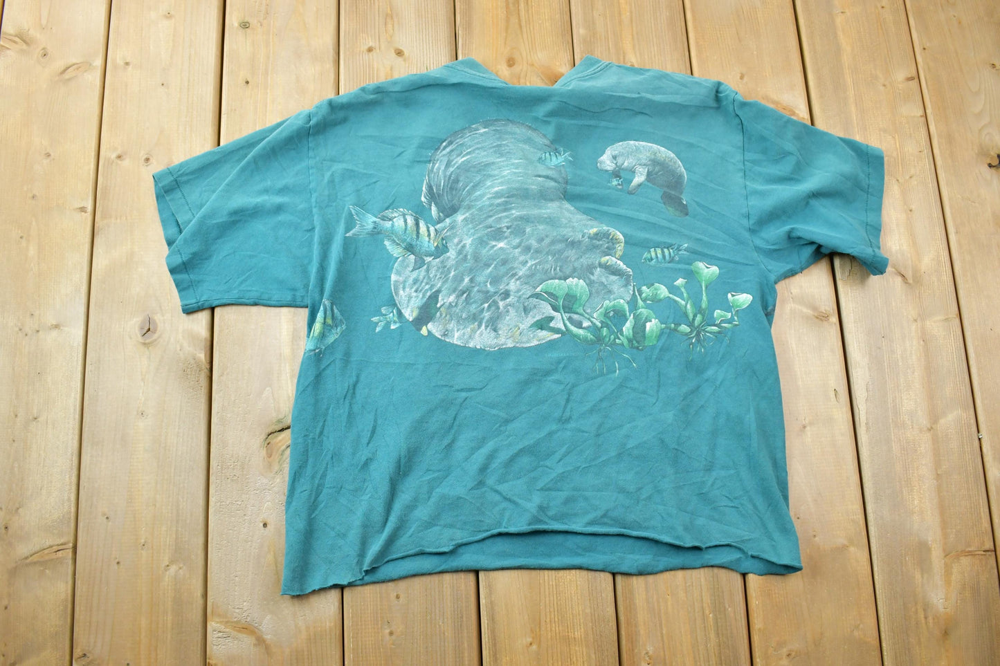 Vintage 1990s Swimming Manatee Habitat Theme Graphic T-Shirt