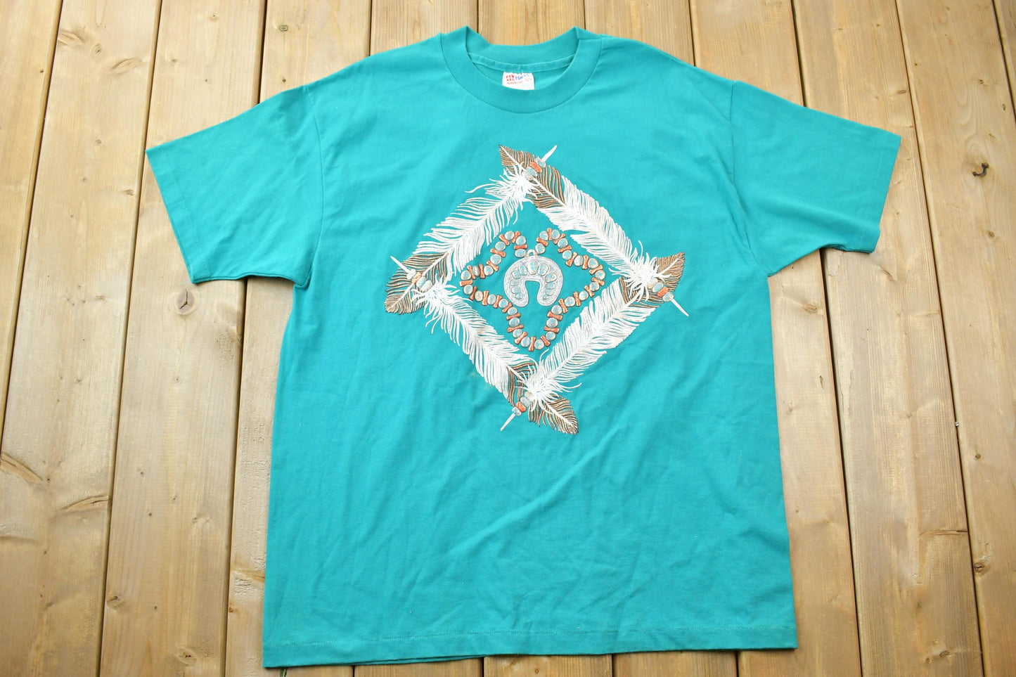 Vintage 1990s Fancy Stonework Feather Graphic T-Shirt