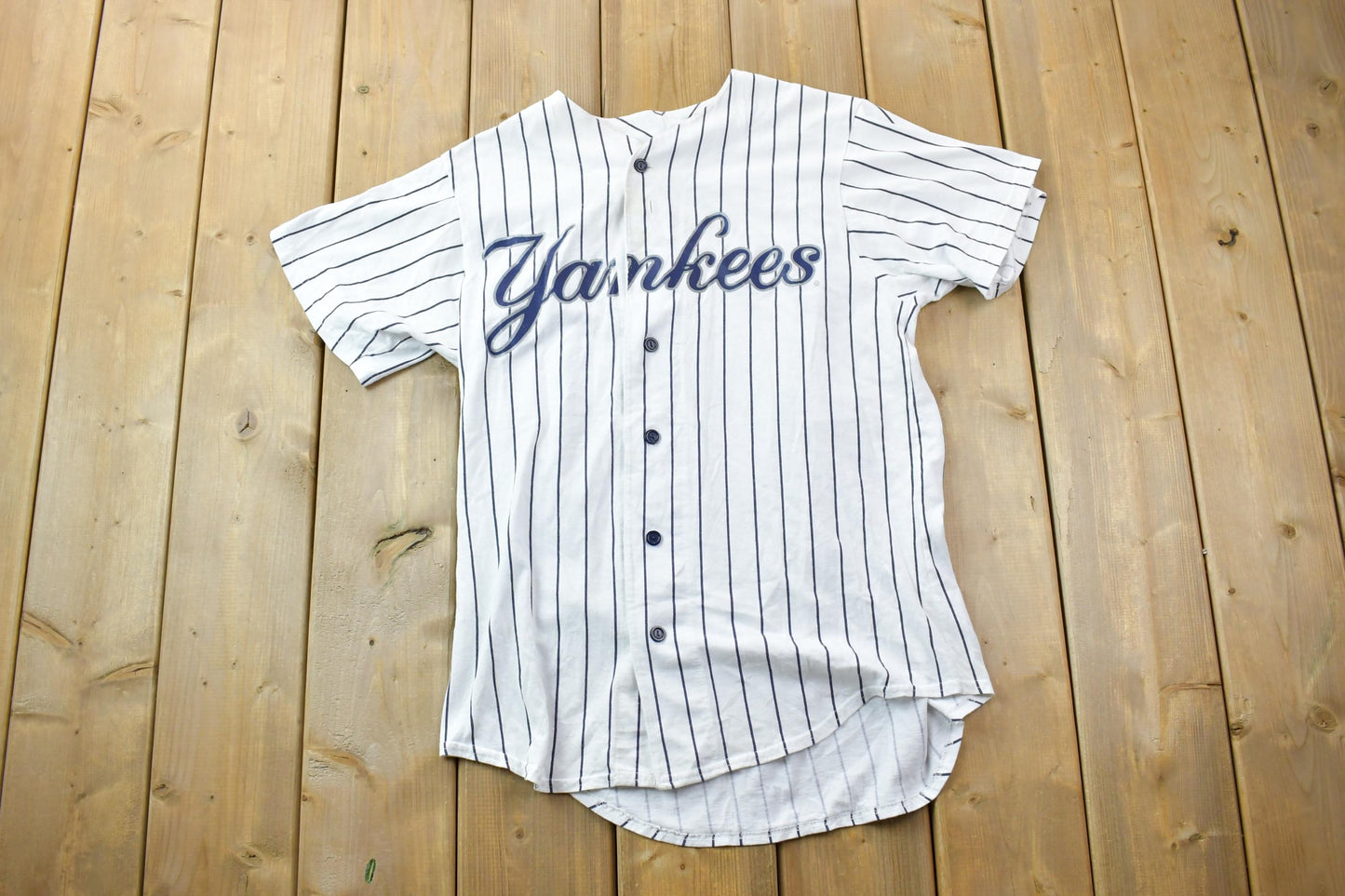 Vintage 1990s New york Yankees Pinstripe Majestic Button Up Shirt MLB  Graphic T-Shirt