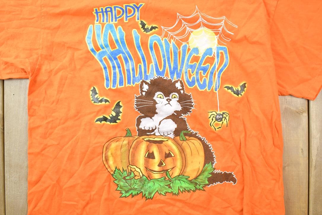 Vintage 1990s Bobbie Brooks Happy Halloween Black Cat Graphic T-Shirt