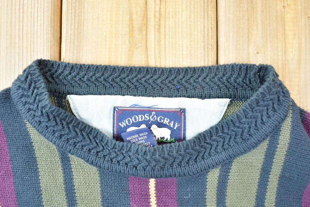 Vintage 1990s Woods And Gray Striped Knit Crewneck Sweater