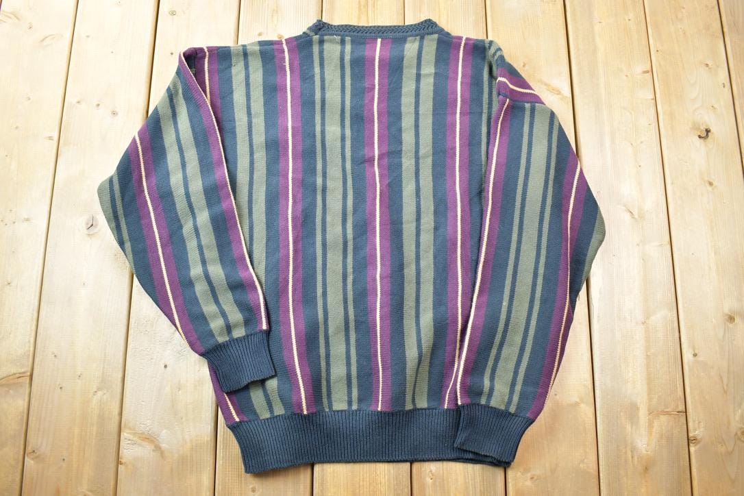 Vintage 1990s Woods And Gray Striped Knit Crewneck Sweater