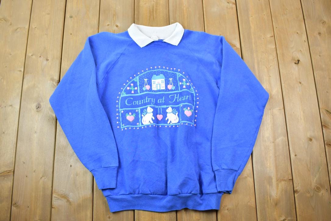 Vintage 1990s Country At Heart Cat Theme Double Collar Cute Crewneck Sweater