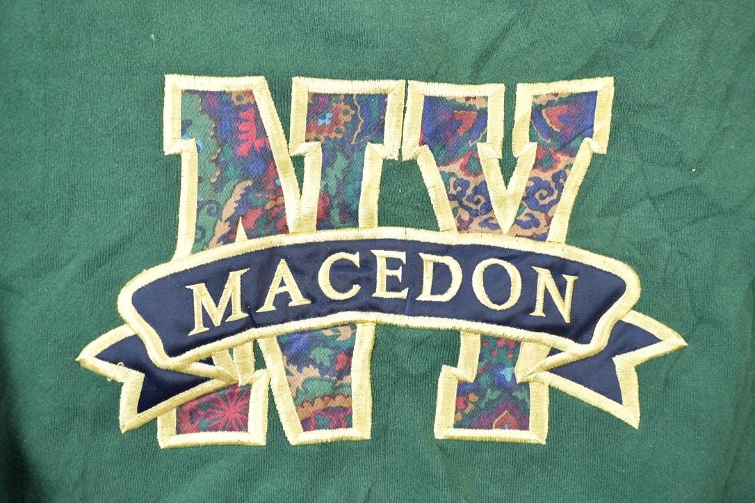 Vintage 1990s Macedon New York Plaid Letters Crewneck Sweatshirt