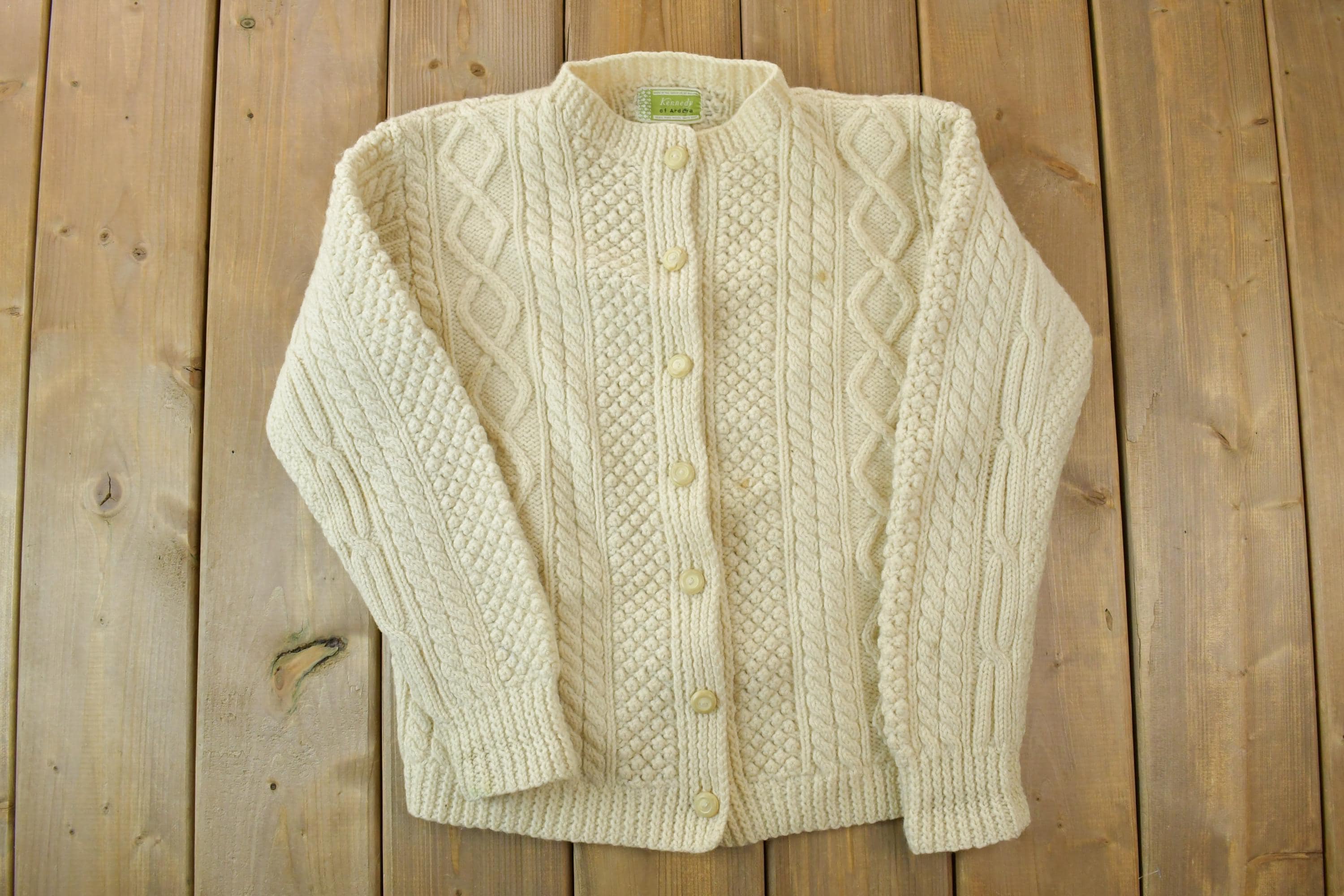 Vintage 1970s Kennedy Of Ardara Hand Knit Irish Wool 3D Colored Cable Knit Crewneck Sweater