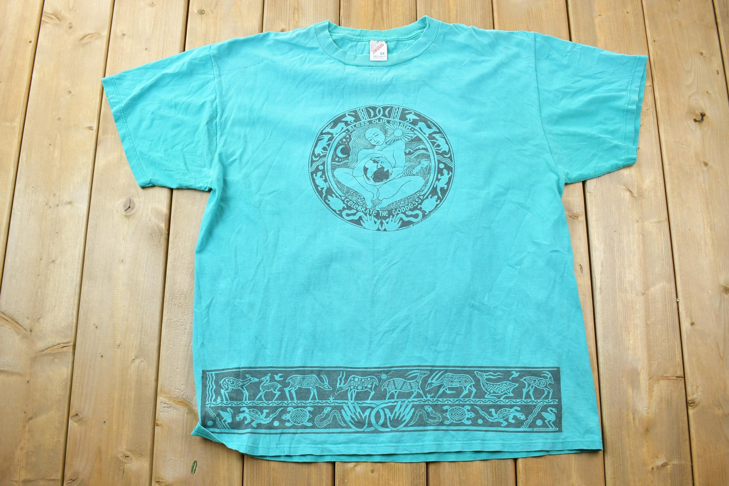 Vintage 1990s Bless Our Earth Goddess Graphic Mayan T-Shirt