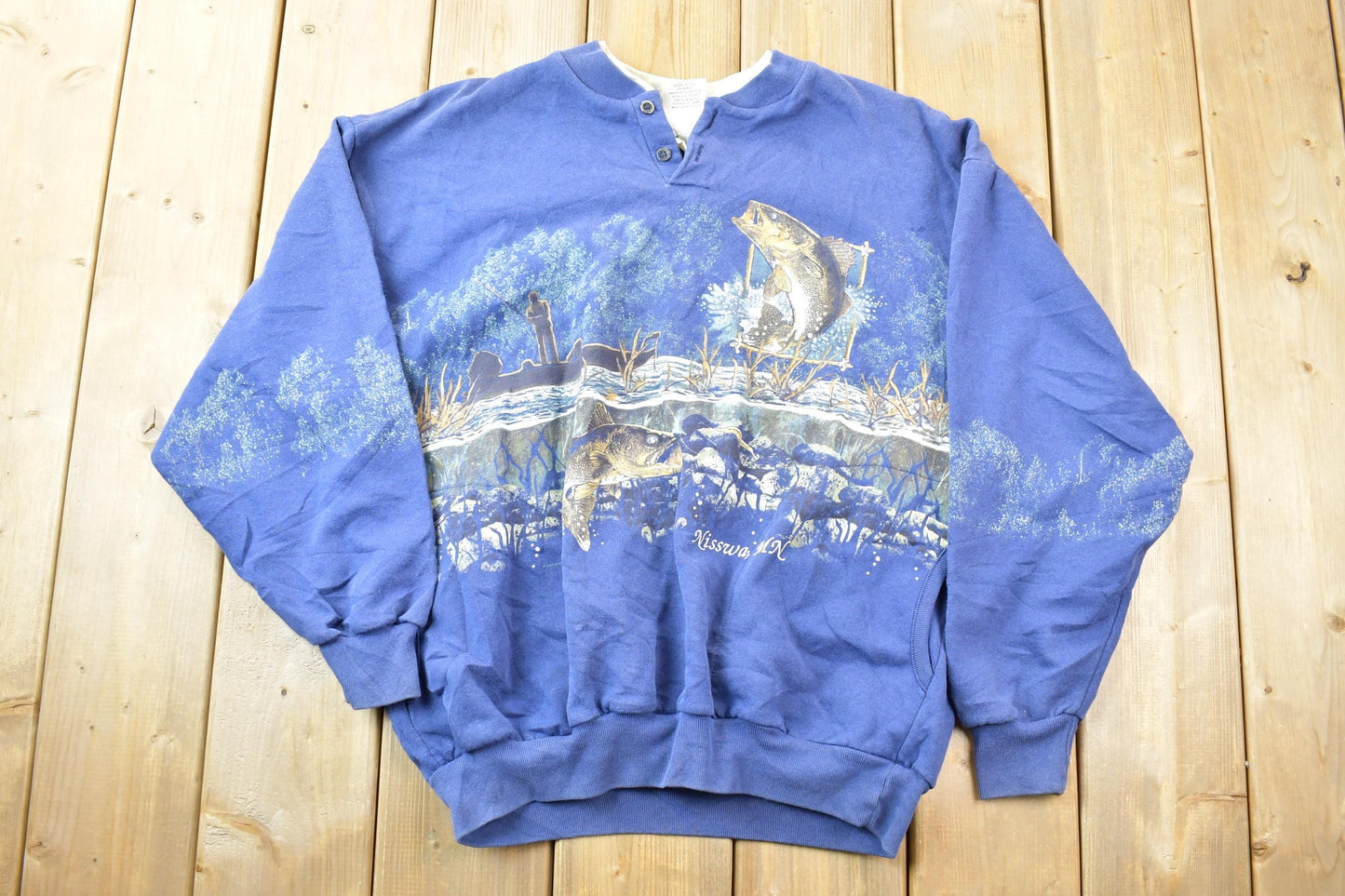 Vintage 1990s Art Unlimited Super All Over Print Fishing Crewneck Sweater