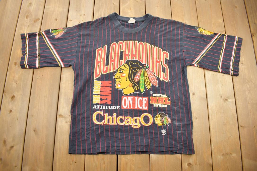Vintage 1990s Chicago Blackhawks NHL All Over Print Graphic T-Shirt