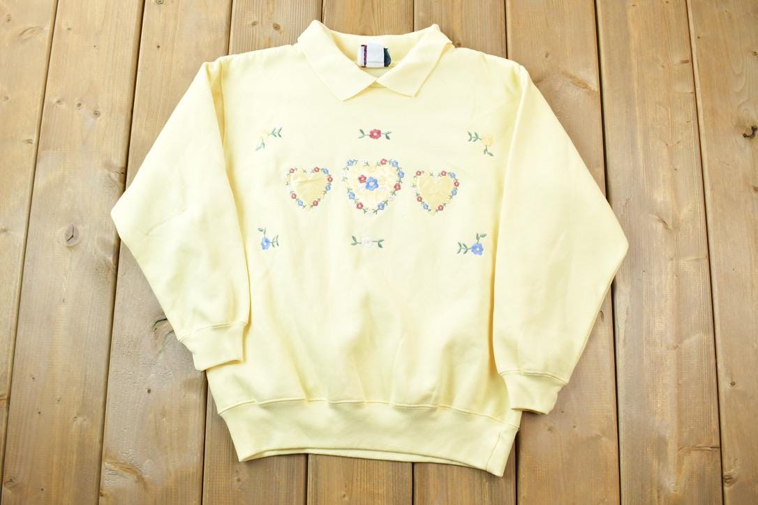 Vintage 1990s Double Collar Floral Design Cute Crewneck Sweater