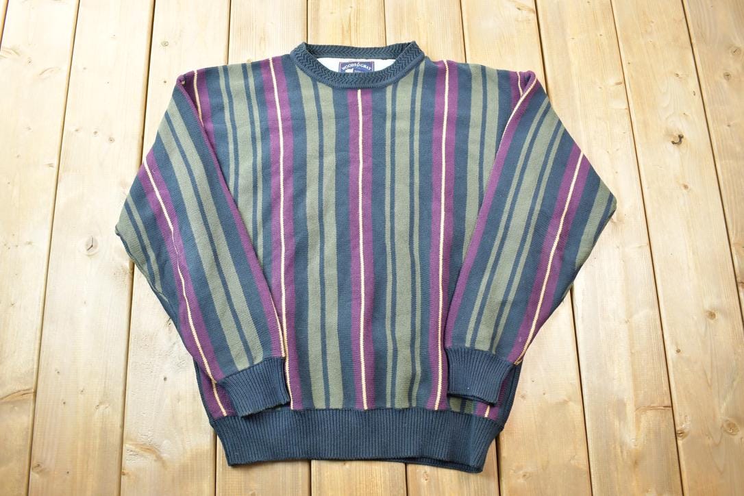 Vintage 1990s Woods And Gray Striped Knit Crewneck Sweater