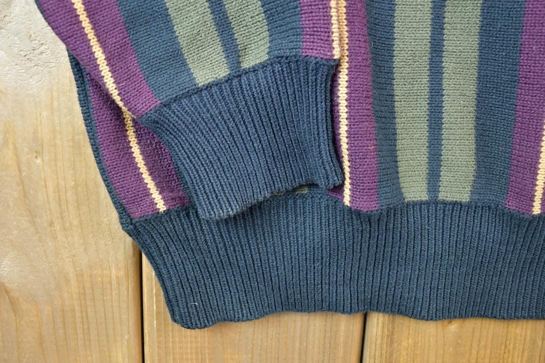 Vintage 1990s Woods And Gray Striped Knit Crewneck Sweater