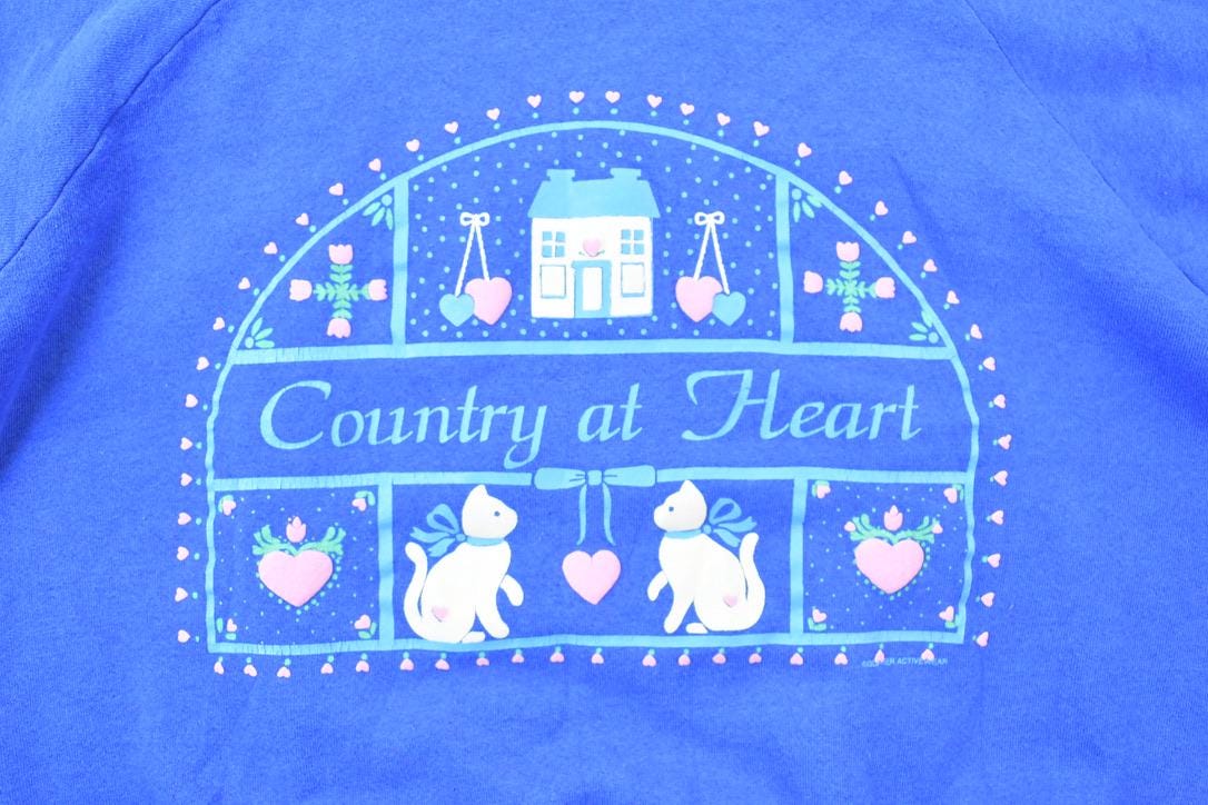 Vintage 1990s Country At Heart Cat Theme Double Collar Cute Crewneck Sweater