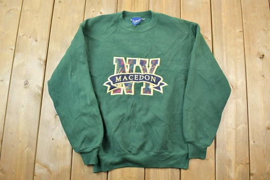 Vintage 1990s Macedon New York Plaid Letters Crewneck Sweatshirt