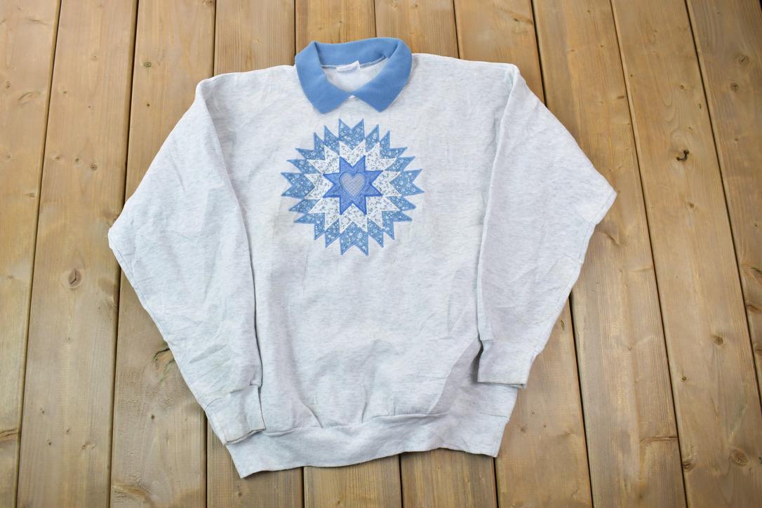 Vintage 1990s Mandala Snowflake Double Collar Cute Christmas Crewneck Sweater