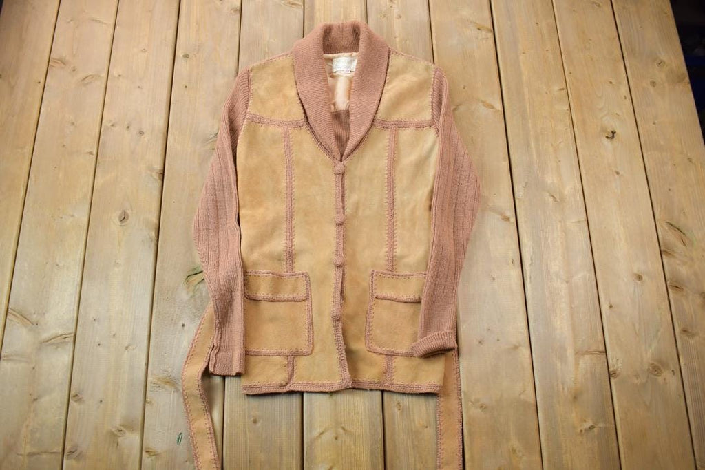 Vintage 1970s Crazy Suede Patchwork Knit Button Up Sweater