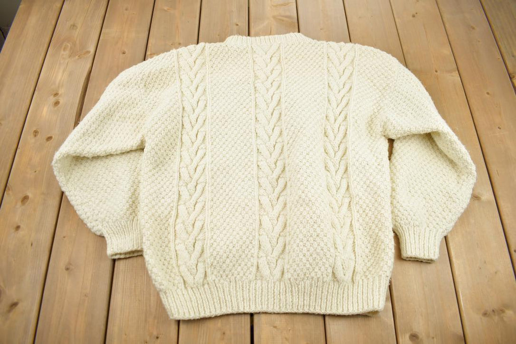 Vintage 1990s 100% Wool 3D Cable Knit Mock Neck Sweater