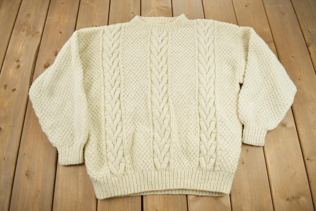 Vintage 1990s 100% Wool 3D Cable Knit Mock Neck Sweater