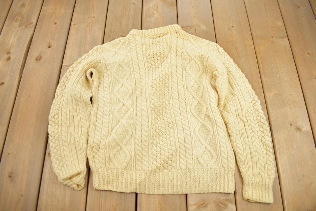 Vintage 1970s 100% Wool 3D Cable Knit Mock Neck Sweater