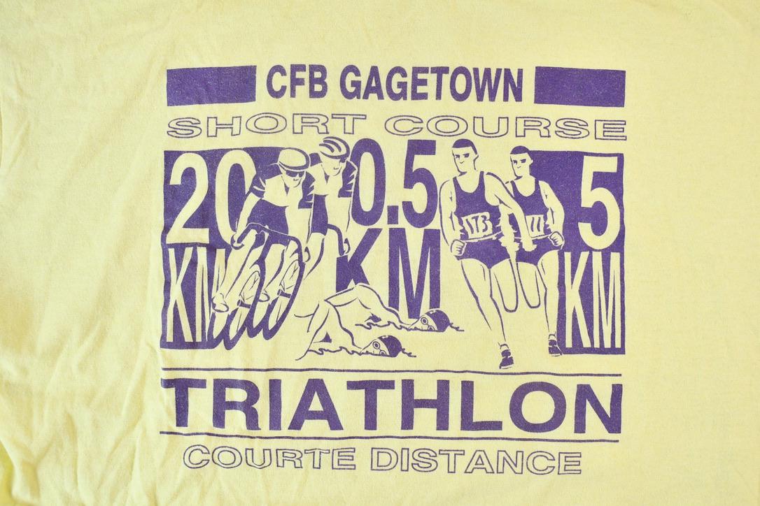 Vintage 1990s Light Yellow Penmans CFB Gagetown Short Course Triathlon Single Stitch Graphic T-Shirt