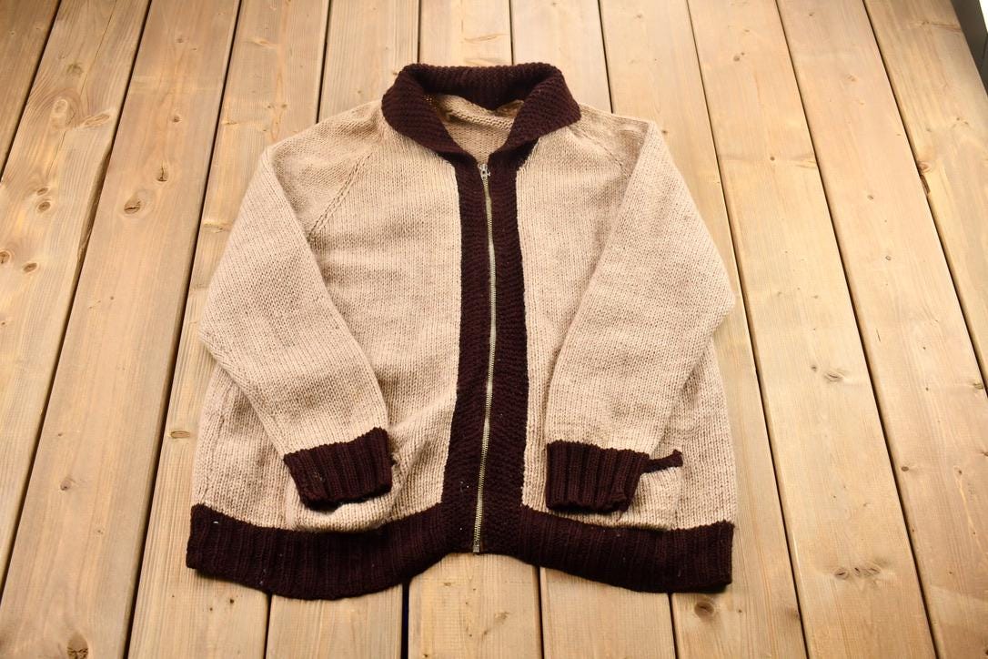 Vintage 1970s Knit Color Block Zip Up Cardigan Sweater