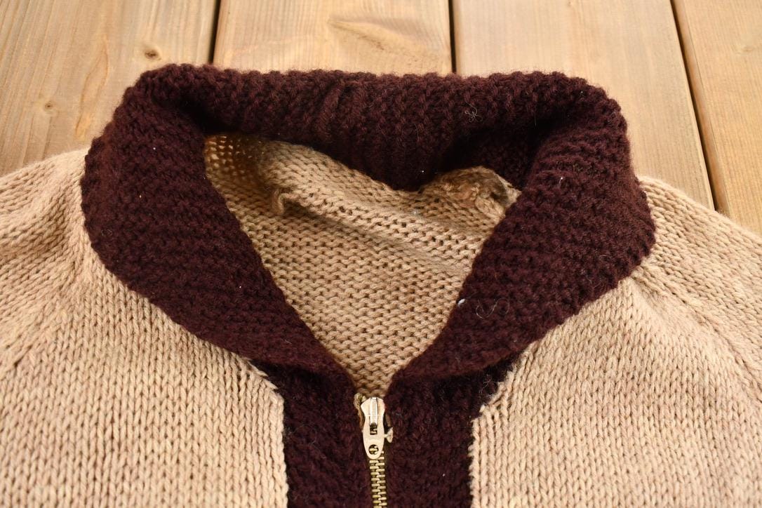 Vintage 1970s Knit Color Block Zip Up Cardigan Sweater