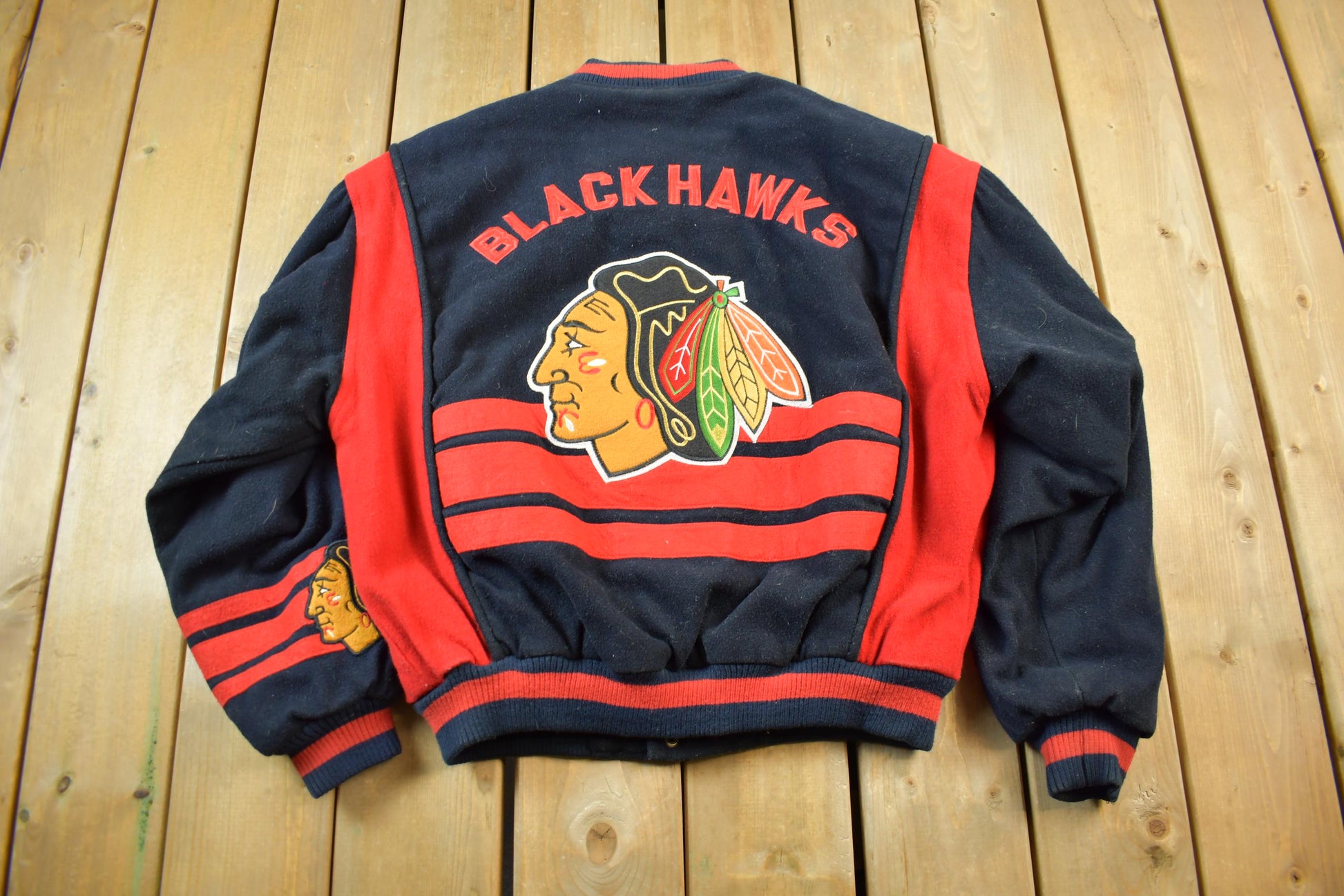 Vintage 1990s NHL Chicago Black Hawks Wool Letterman Jacket