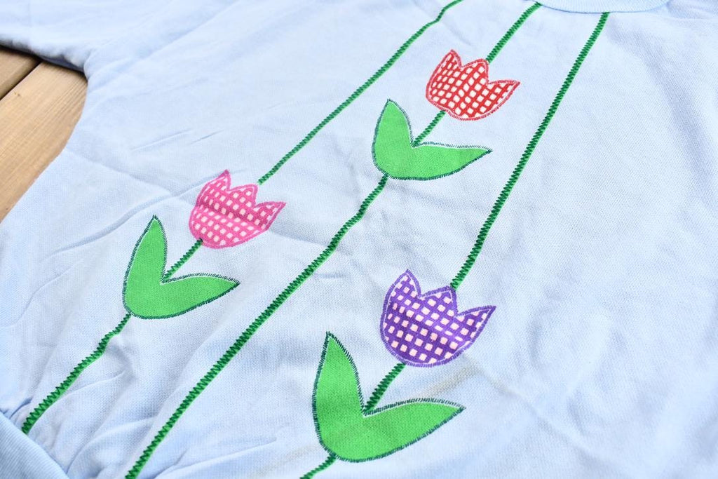 Vintage 1990s Light Blue Embroidered Tulip Crewneck Sweatshirt