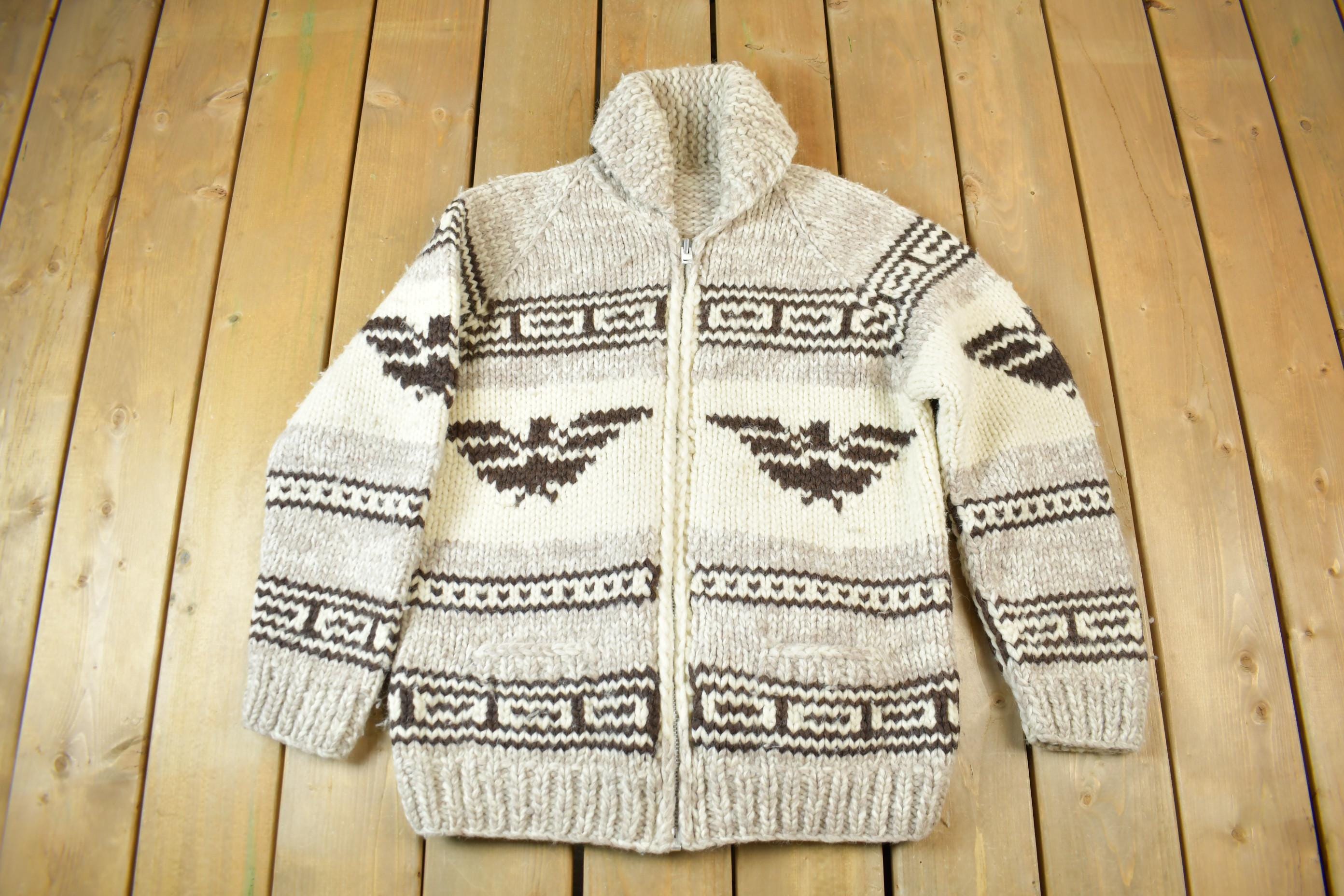 Vintage 1950s Hand-Knit Eagle Theme Cowichan Sweater