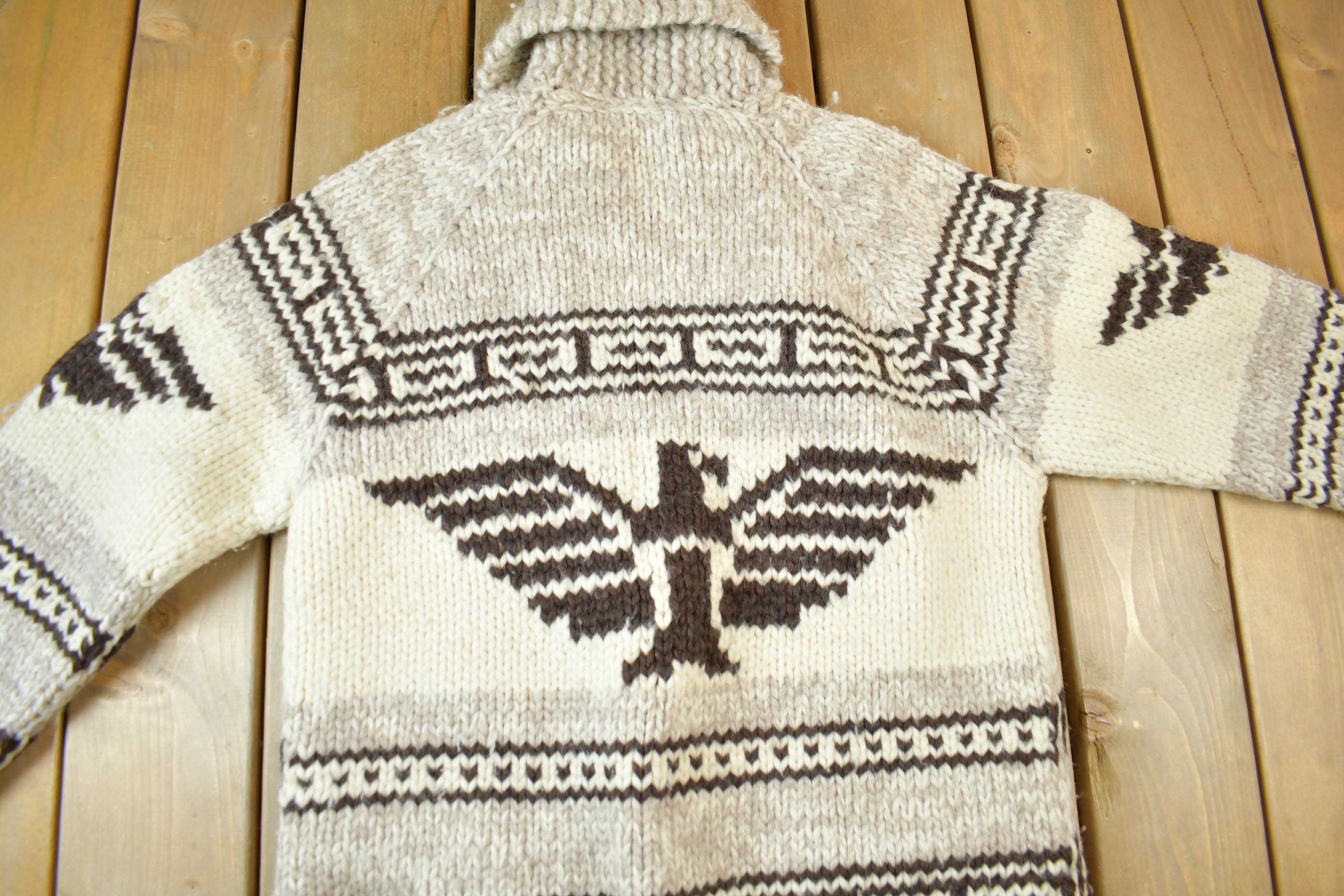 Vintage 1950s Hand-Knit Eagle Theme Cowichan Sweater