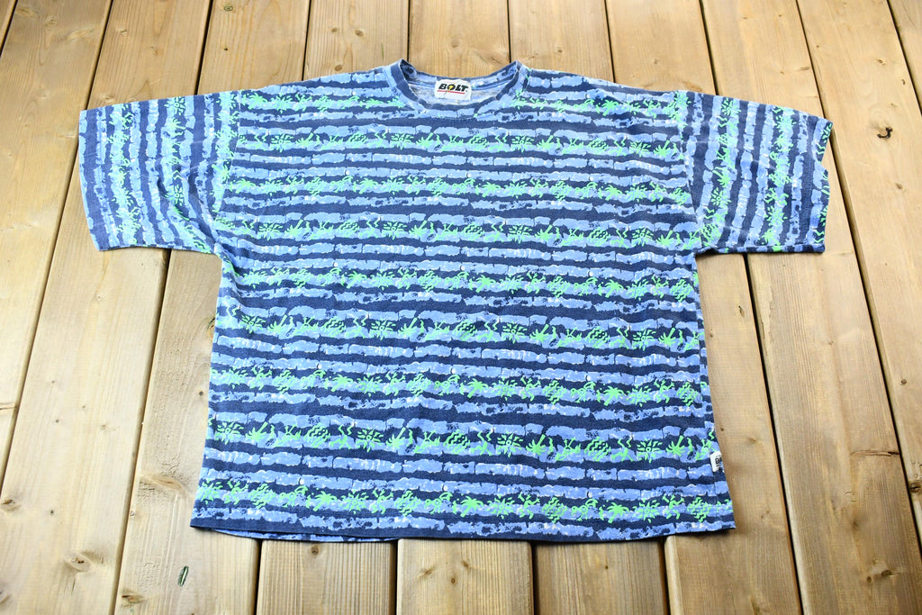 Vintage 1990s Lightning Bolt Blue and Teal Abstract Pattern All-Over-Print Striped Graphic T-Shirt