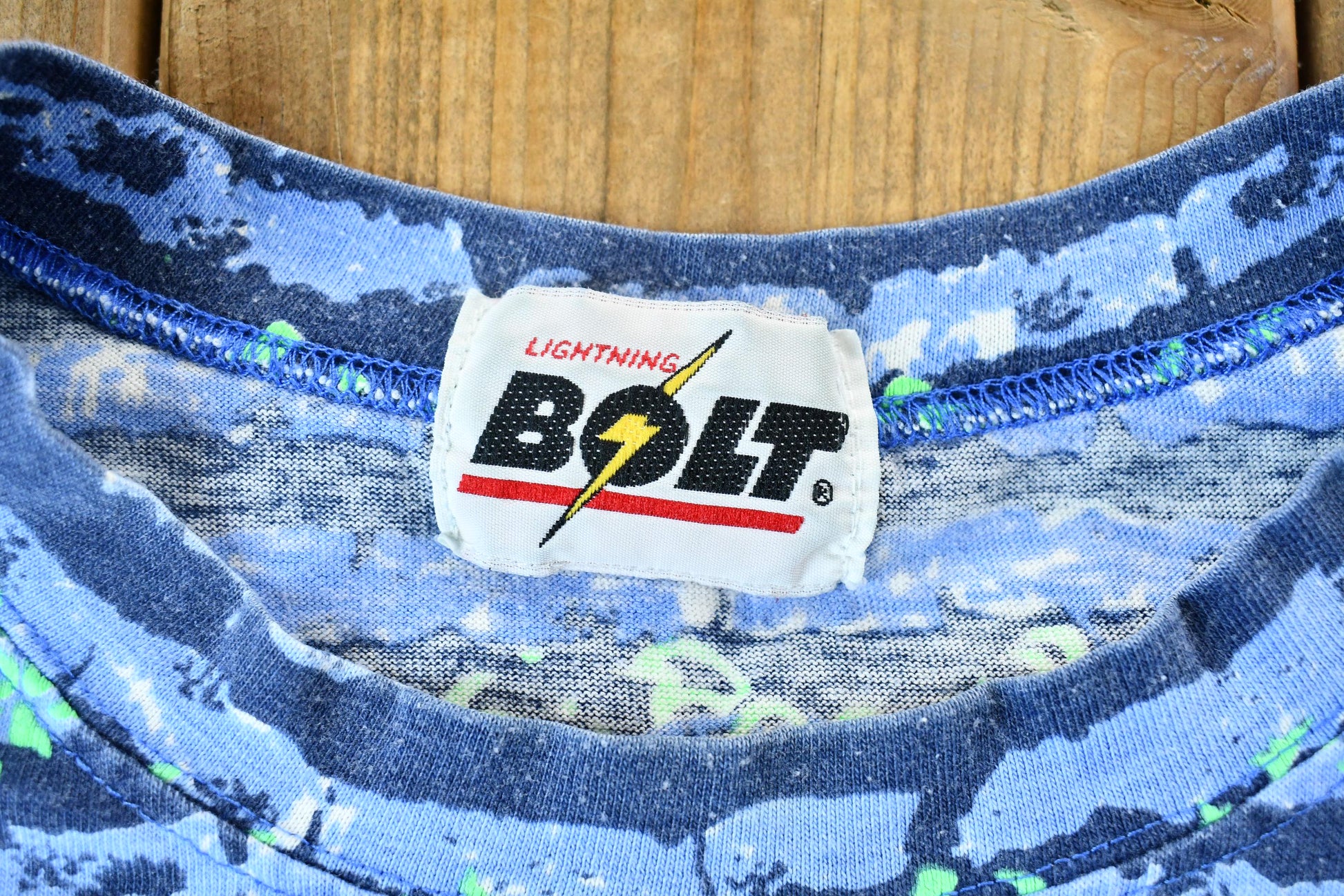 Vintage 1990s Lightning Bolt Blue and Teal Abstract Pattern All-Over-Print Striped Graphic T-Shirt