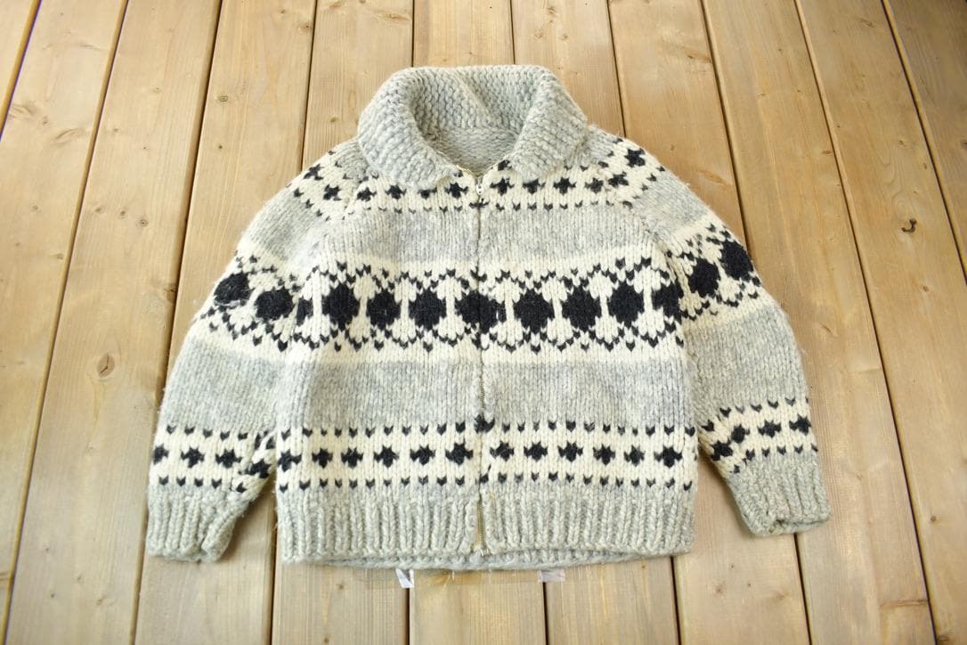 Vintage 1950s Hand-Knit Grey Cowichan Sweater