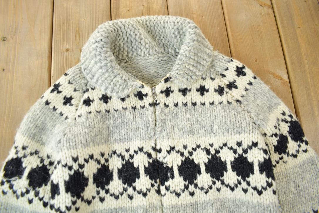 Vintage 1950s Hand-Knit Grey Cowichan Sweater