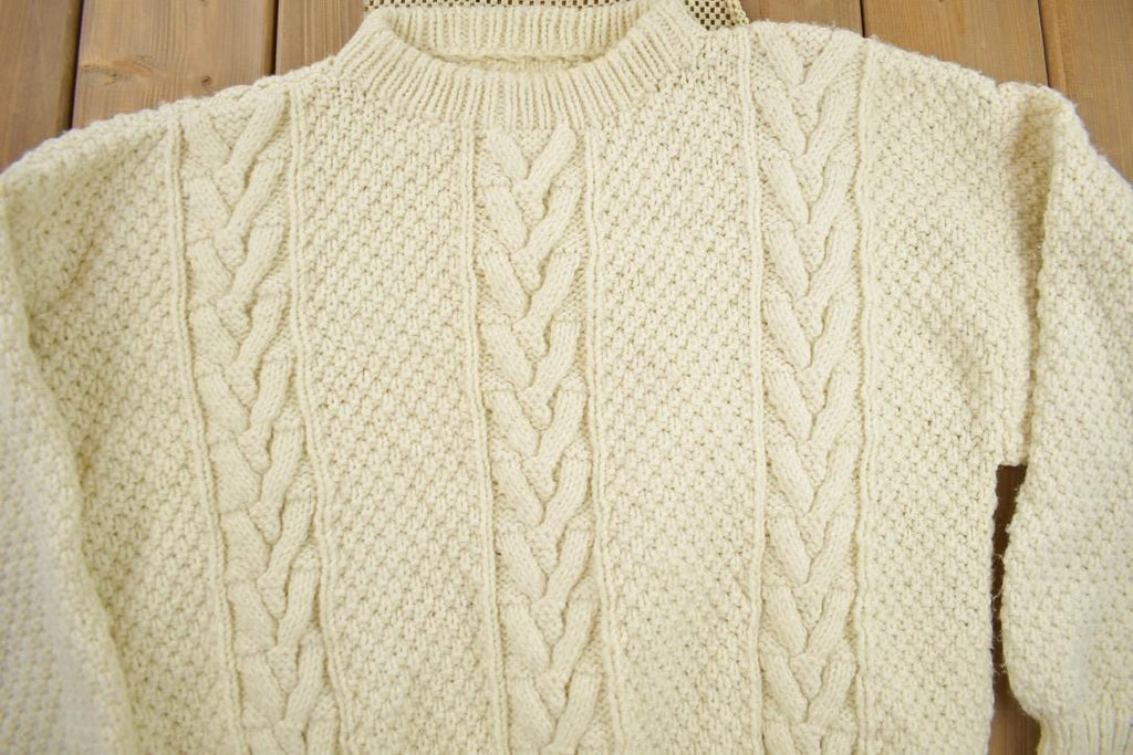 Vintage 1990s 100% Wool 3D Cable Knit Mock Neck Sweater